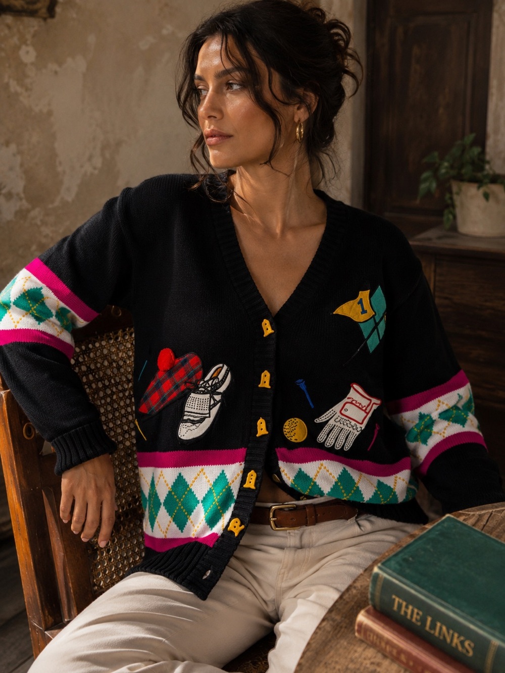Vintage Lizi Ruch Black Cardigan Golf Novelty Argyle Accents Sweater Large